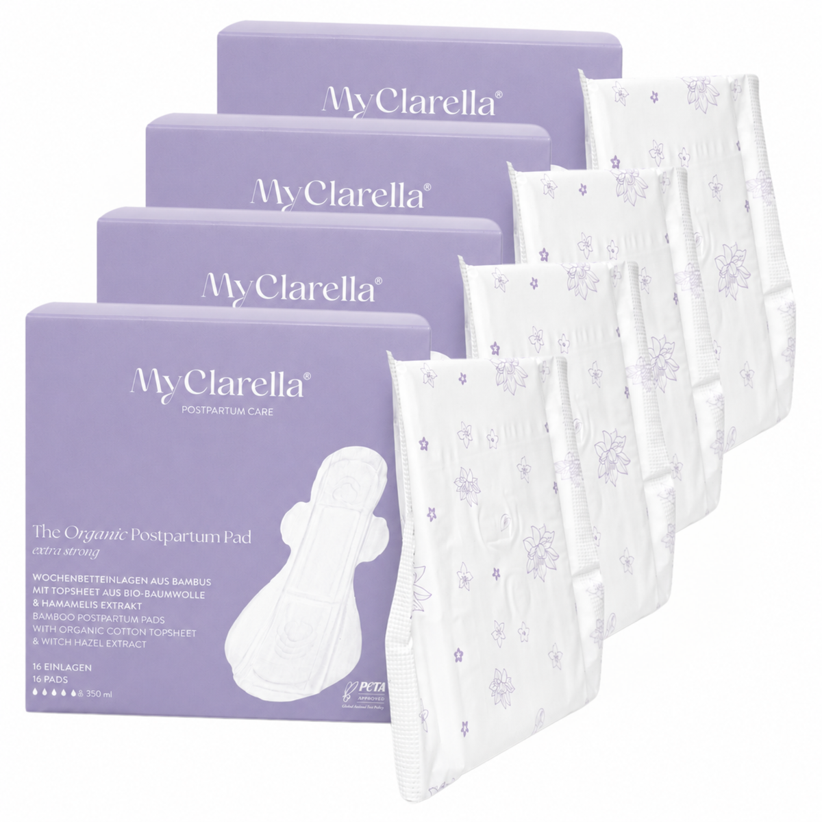 Mehrere Packungen MyClarella Wochenbetteinlagen mit ausgepackten Einlagen im Bundle