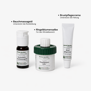 Bauchmassageöl, Ringelblumensalbe und Brustpflegecreme zur Pflege in Schwangerschaft, Stillzeit und Wochenbett