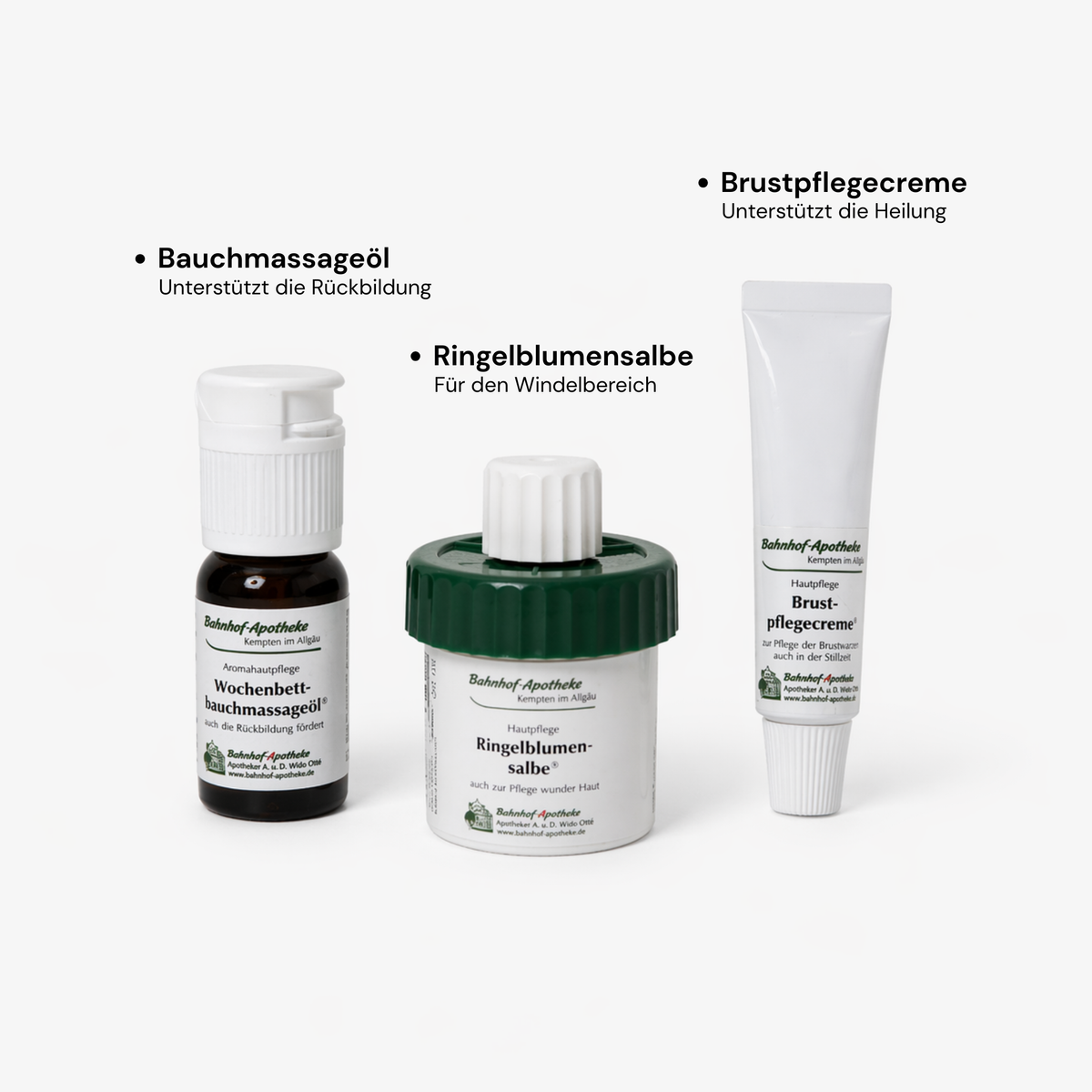 Bauchmassageöl, Ringelblumensalbe und Brustpflegecreme zur Pflege in Schwangerschaft, Stillzeit und Wochenbett