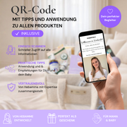 Mitgelieferter QR-Code zu digitalen Anwendungstipps und wichtigen Hinweisen für die enthaltenen Wochenbett-Produkte