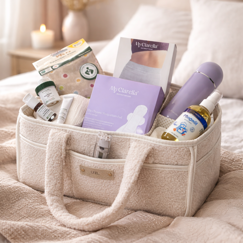 Gefüllte Wochenbett-Tasche mit ausgewählten Produkten für die Zeit nach der Geburt